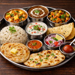 Paneer Butter Mushroom, Dal Makhani, Mix Veg., Mix Raita, 1 Laccha Paratha, 2 Butter Naan, Jeera Rice, Onion Salad, 1 Gulab Jamun, Papad Paneer Butter Mushroom, Dal Makhani, Mix Veg., Mix Raita, 1 Laccha Paratha, 2 Butter Naan, Jeera Rice, Onion Salad, 1 Gulab Jamun, Papad