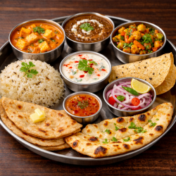 Sahi Paneer, Dal Makhani, Mix Veg., Jeera Rice, Raita, 2 Butter Roti, 1 Butter Naan, Onion Salad, Papad Sahi Paneer, Dal Makhani, Mix Veg., Jeera Rice, Raita, 2 Butter Roti, 1 Butter Naan, Onion Salad, Papad